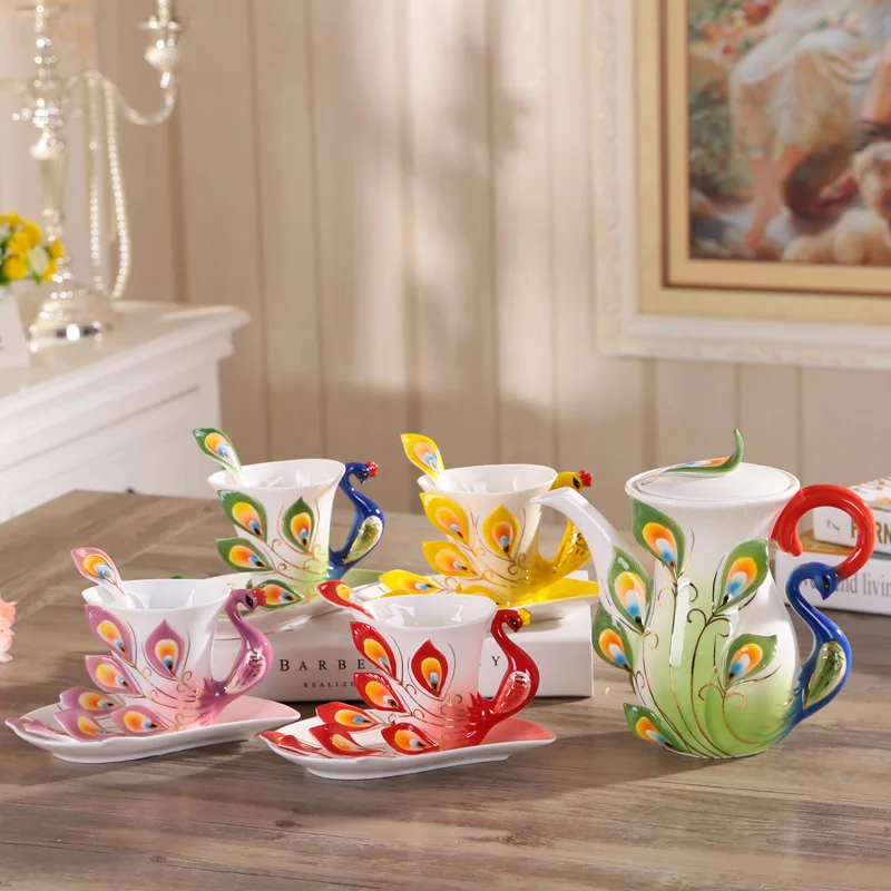 New Color Enamel Peacock Coffee Pot Kettle Mug Cup Sets Creative Bone China Tea Milk Drinkware