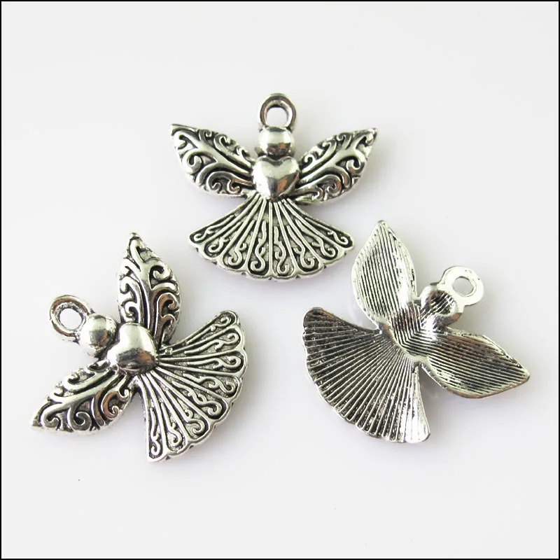 10Pcs Antiqued Silver Color Heart Angel Wings Charms Pendants 21x23mm