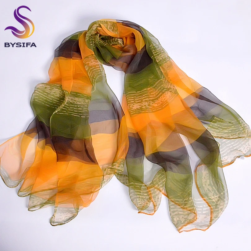 [BYSIFA] Yellow Green Silk Scarf Printed Fashion Accessories Women Thin Long Scarves Wraps Summer Lades Pure Silk Shawl Scarf