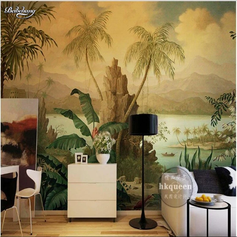 beibehang fresco European retro landscape oil painting tropical rain forest banana coconut tree wallpaper non-woven wallpaper