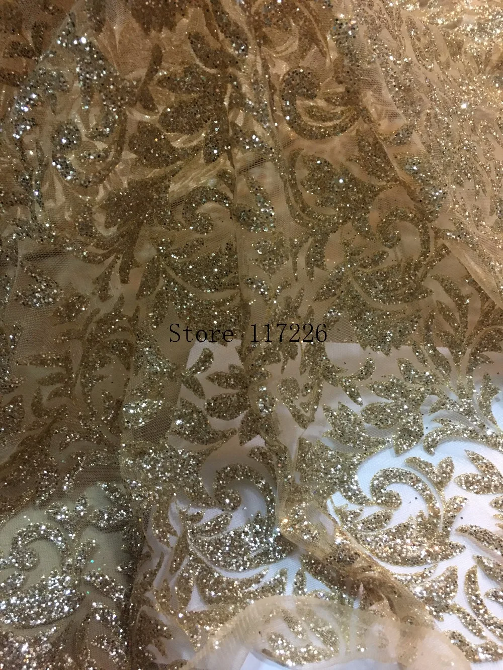 Top Selling French African Glued Glitter Sequence Lace Fabric in Gold and Green Color sequin for Party or Show Dress