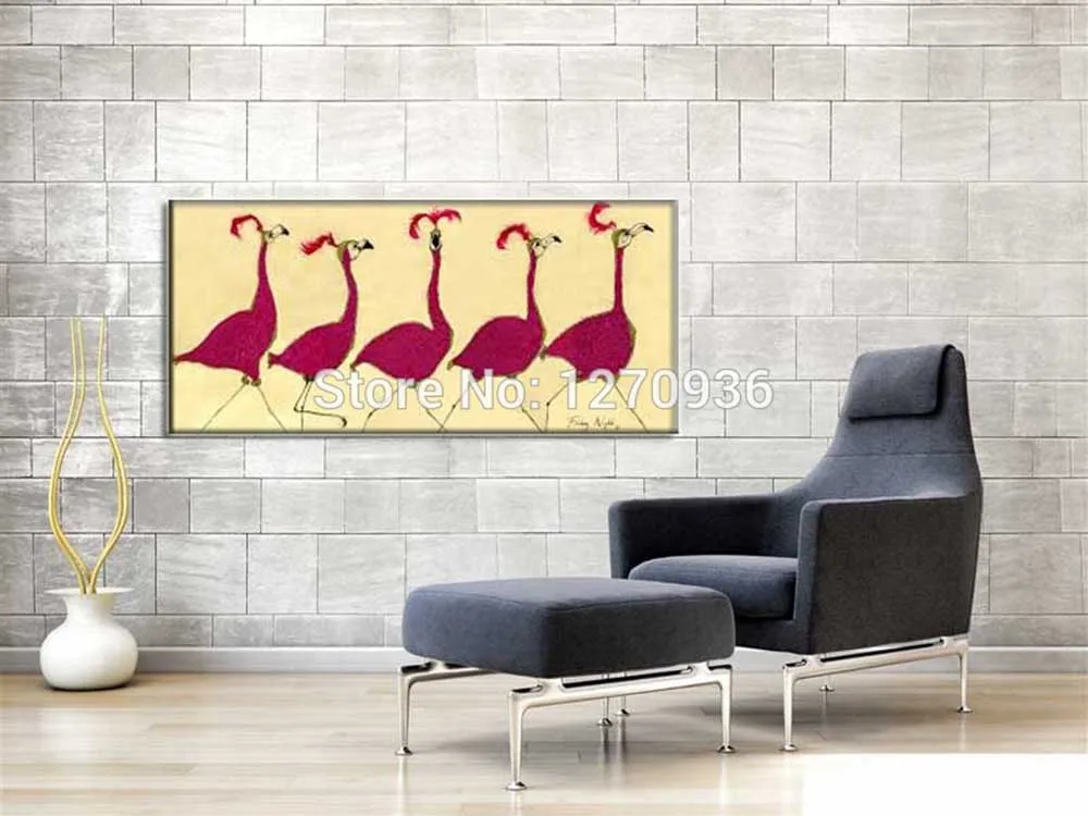 Five Piece Red Tall Birds Walking on a Line to Go Home Decor Painting High Quality Biggest Size Flamingo Oil Painting on Canvas