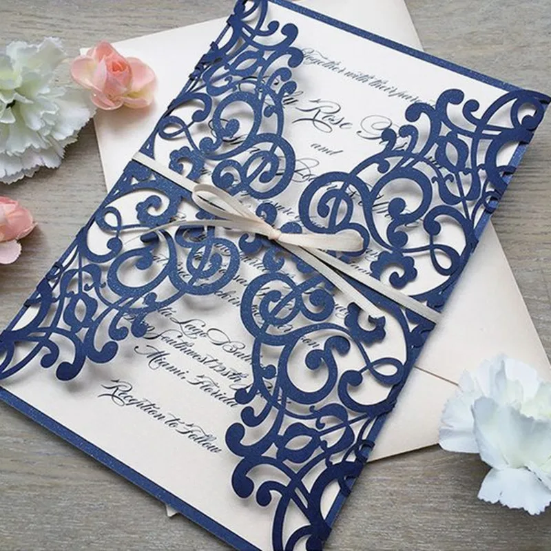 

Elegant wedding invitation card with envelop navy blue laser cut wedding invites 50pcs/lot