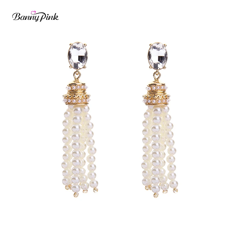 Elegant Imitation Pearls Tassel Studs Earrings For Women Ethnic Long Pendant Post Earrings Fashion Jewelry Pendientes Bijoux