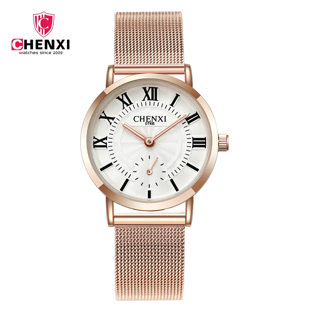 Chenxi-Reloj de pulsera de acero inoxidable para hombre y mujer, accesorio de pulsera resistente al agua con malla negra, color oro rosa, blanco y negro, 076