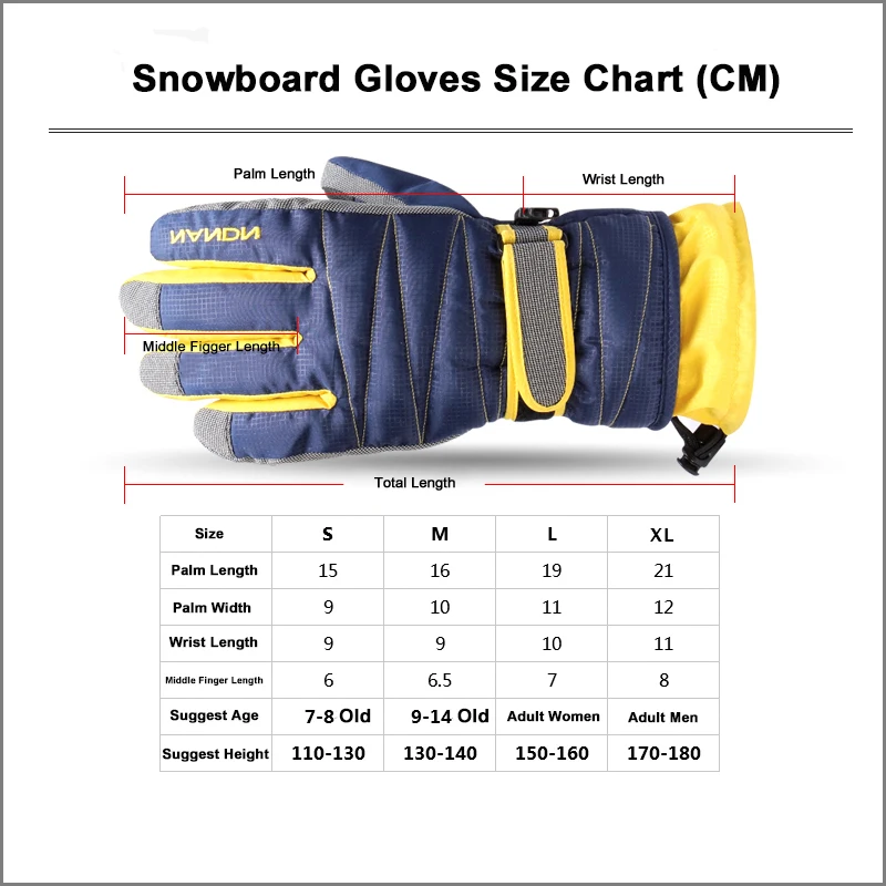 Nandn Snowboard Waterproof Gloves Men Women Children Warm Skiing Gloves Snowmobile Motorcycle Riding Winter Outdoor Lady Gloves