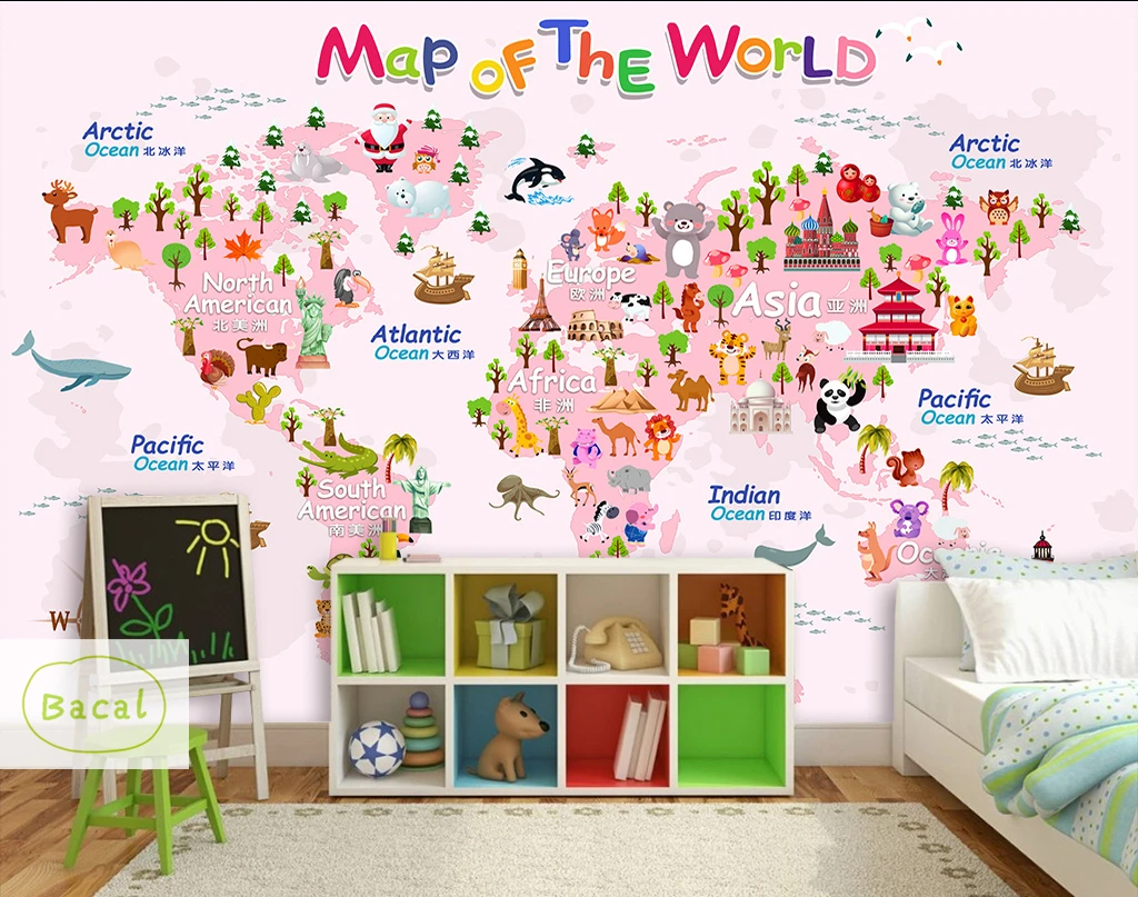 Bacal 5D Custom Pink World Map 3d Cartoon Animal Wallpaper Murals for Walls Girls Baby Room 3d wall Mural 3d Wall paper sticker