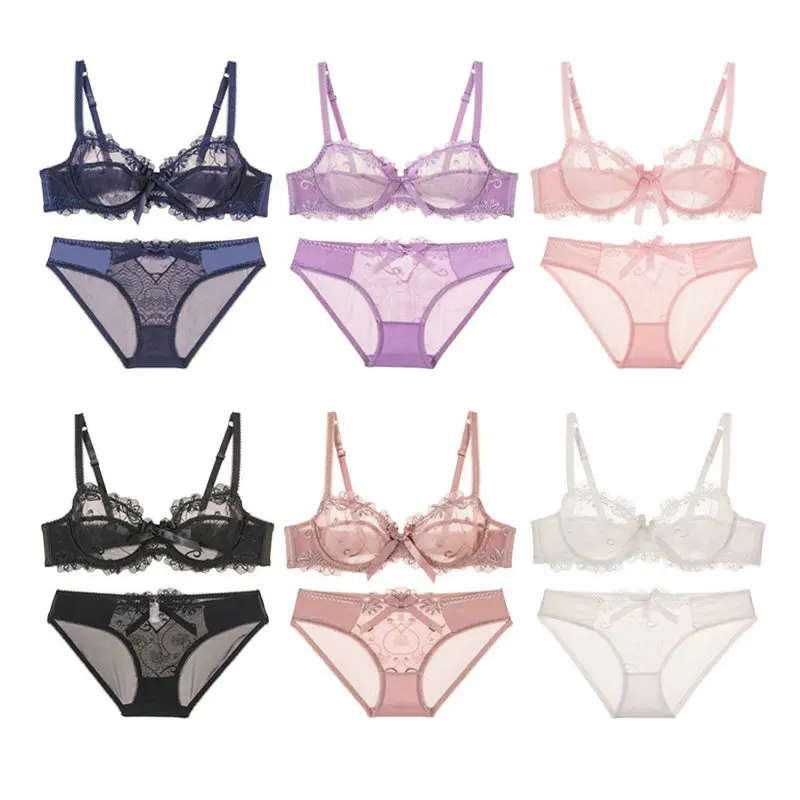 Bra & Brief Sets women sexy Underwear set push up thin female ultra-thin sexy lace bra transparent plus size