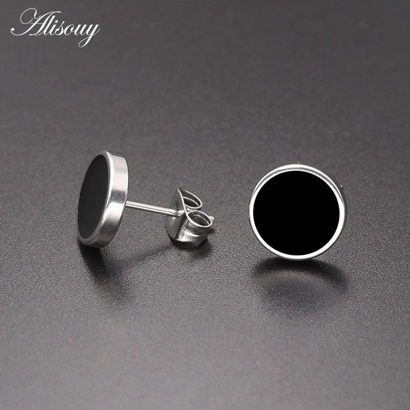 Alisouy 4 Colors 316L Titanium Steel Drops Oil Stud Earrings Round Steel Button Black Center Gift For Men Trendy Accessories
