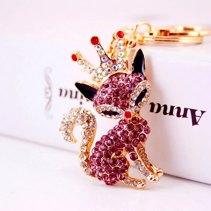 Fashion Creative Lovely Crystal Crown Fox Car Pendant Keychain For Women Bag Keychains Rhinestone Car keyrings Gifts Jewelry