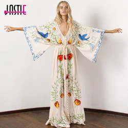 Jastie Embroidered Women Maxi Dress V-Neck Batwing Sleeve Loose Oversize Summer Dresses Drawstring Waist Boho Beach Vestidos