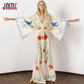 Jactie bestickte Frauen Maxi kleid V-Ausschnitt Fledermaus Ärmel lose übergroße Sommerkleider Kordel zug Taille Boho Beach Vestidos