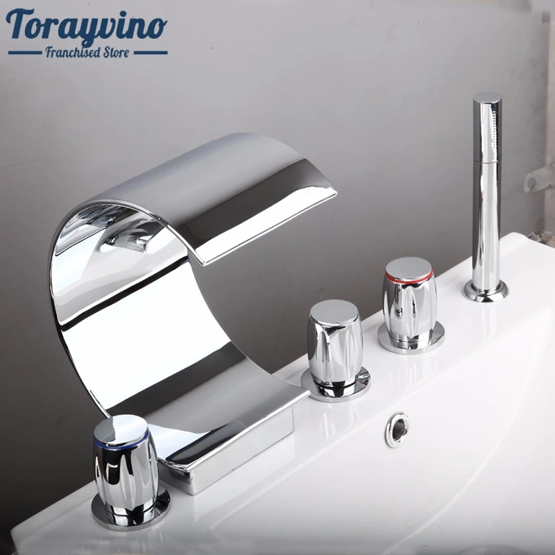 Deck Mount Widespread 5pcs Bathtub Faucet Bathtub  Waterfall 3 Handles Mixer Tap With Hand Spray Polished Chrome Finish