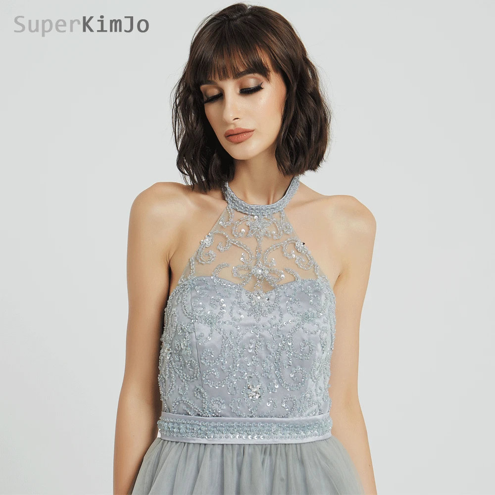 Superkimjo halter frisado vestidos de baile 2019 vestido de formatura longo sem costas sexy cinza vestido de baile elegante