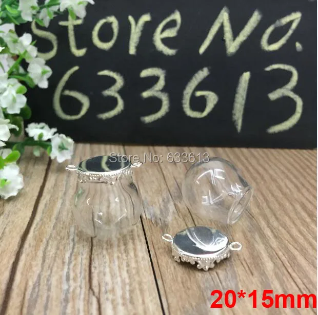 

Free ship 50sets/lot silver color 20*15mm glass globe & crown base with 2 ring glass globes set glass vial pendant glass cover