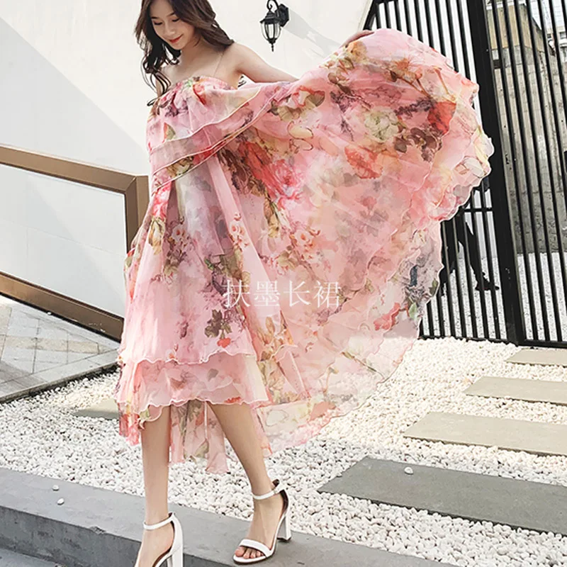 Bohemia Fashion Sweet Cute Holiday Pink Floral Chiffon Long Maxi Female Skirt Summer Designs Plus Size Faldas Largas Elegantes