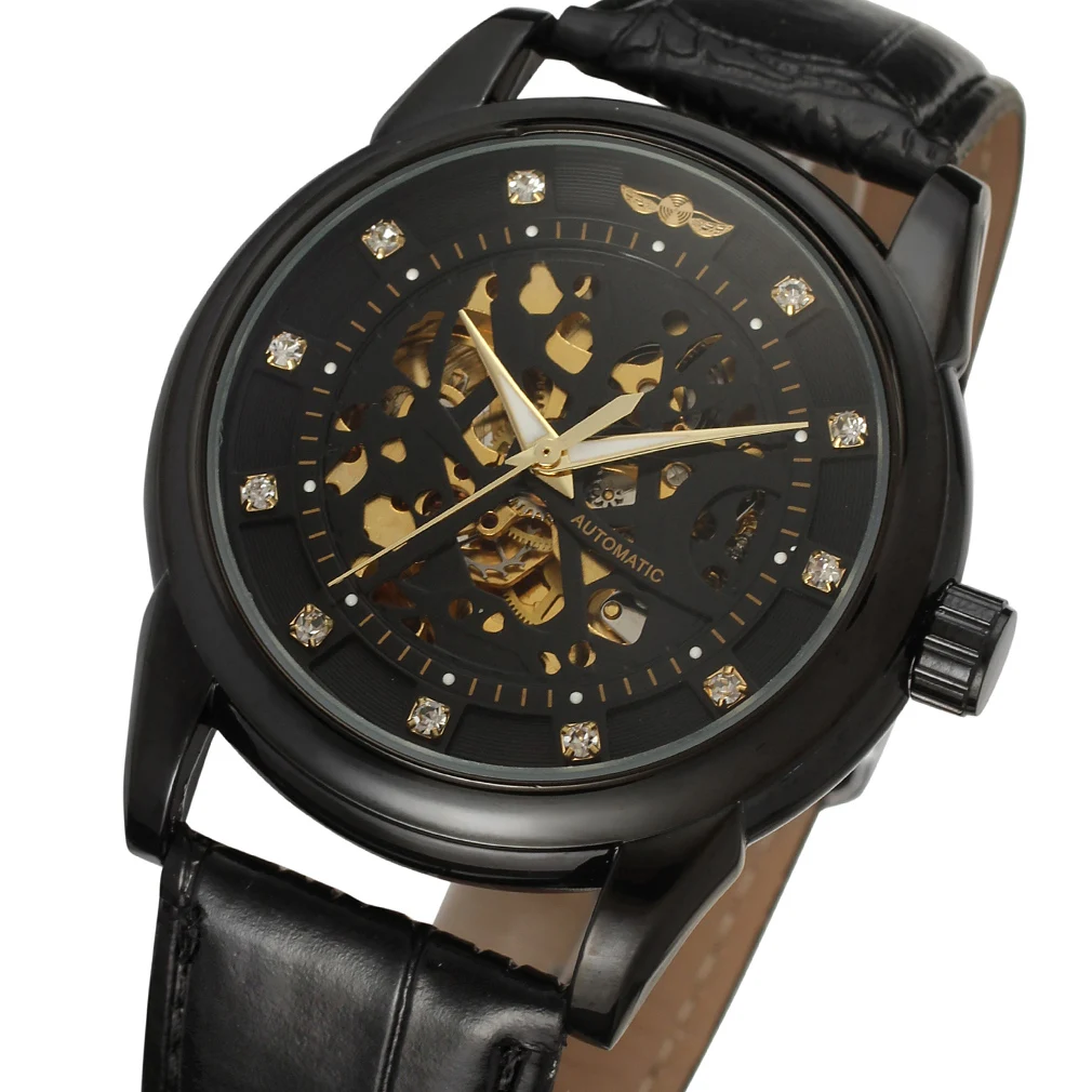 Gewinner Marke Luxus Königliche Diamant Design Schwarz Gold Uhr Montre Homme Herren Uhr Relogio Männlichen Skeleton Mechanische Leder Uhr