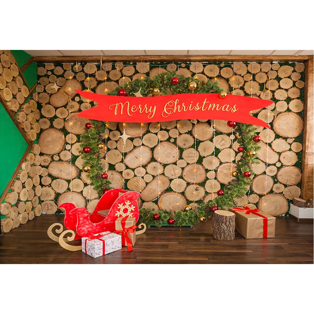 

Merry Christmas Backdrop for Newborn Photography Printed Timbers Wall Green Pine Garland Balls Kids Baby Shower Photo Background