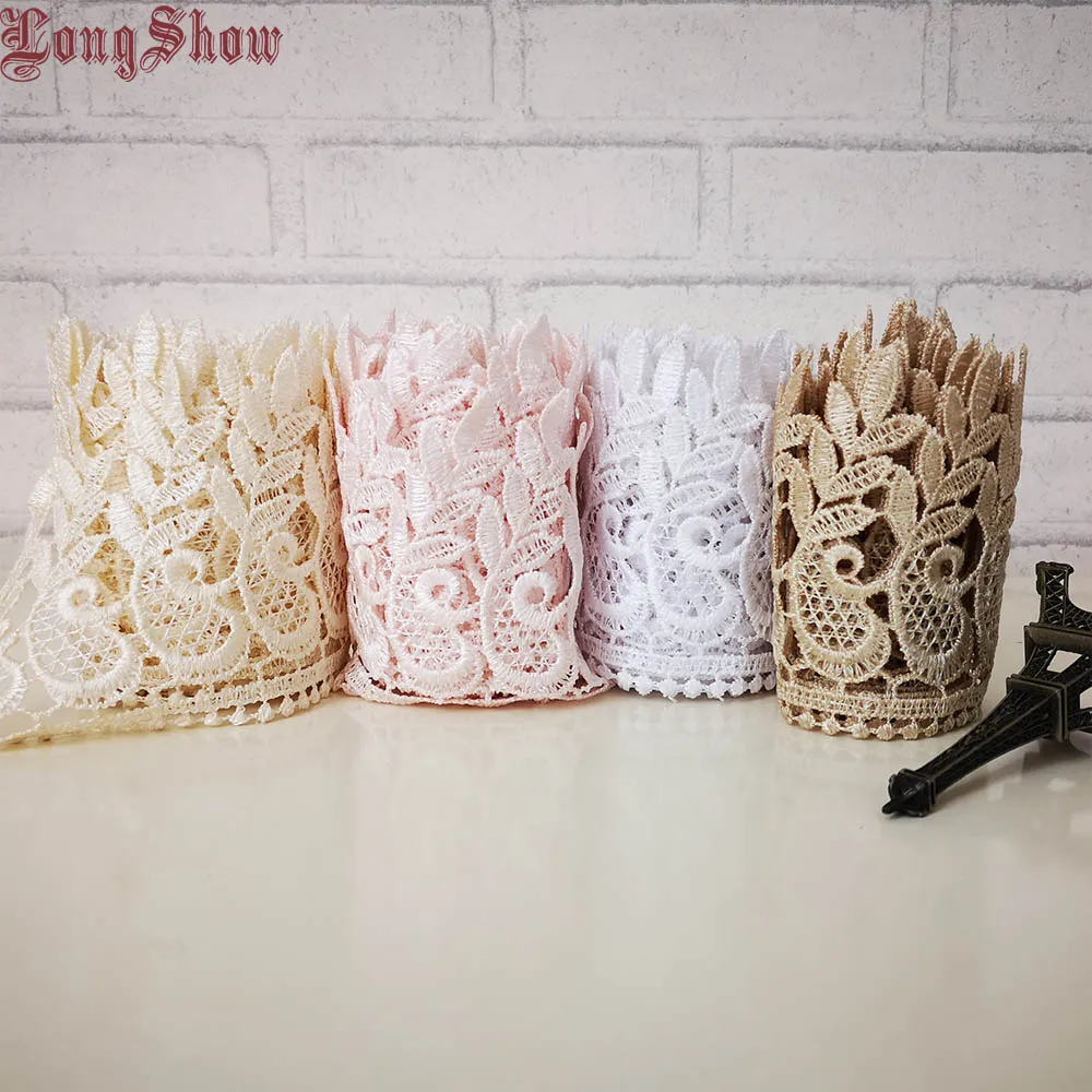 1Lot/5Yards 9-10cm Wide Pure Polyester Light Coffee Pink White Water Soluble Embroidered Lace Trim For Apparel Decoration