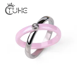 New Fashion Romantic Pink Ceramic Ring For Women Lover 1.0 Carat Rhinestone Two Layer Cross Healthy Ring Anniversary Gift