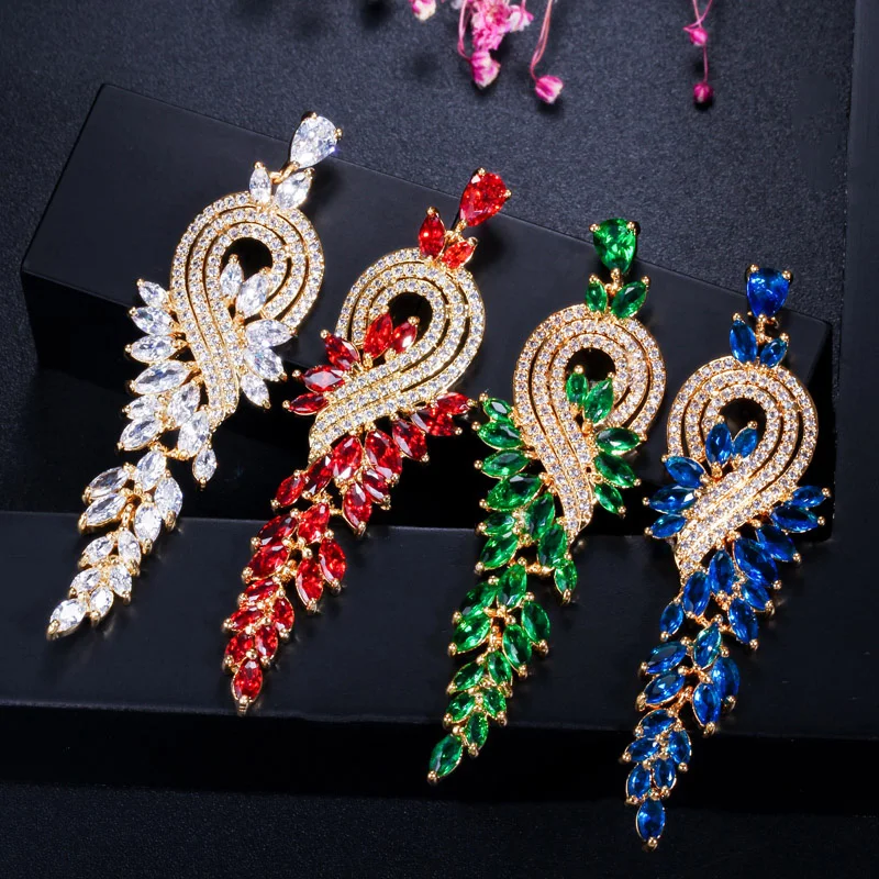 Pera Fashion Famous Brand Red CZ Stone Jewelry Long Dropping Big Leaf Shape Women Evening Party Cubic Zirconia Earrings E228