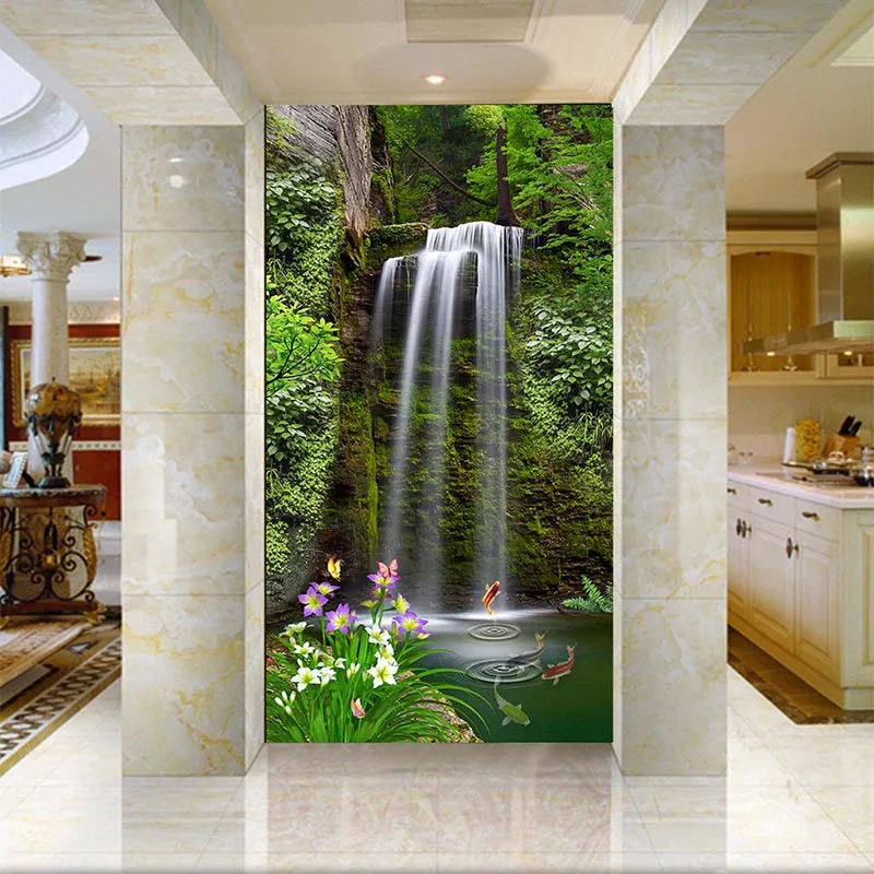 Chinese Style Waterfall Forest Landscape Photo Mural Wallpaper Living Room Hotel Restaurant Entrance Backdrop Wall 3D Fresco