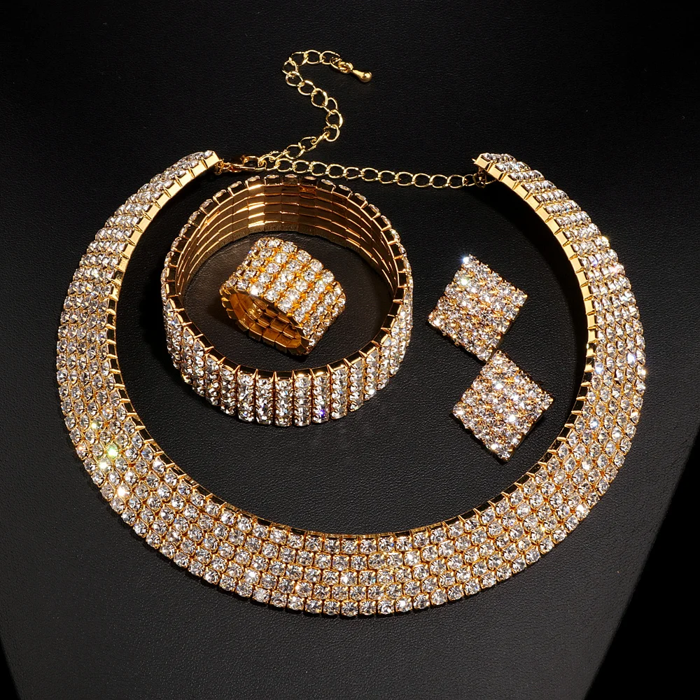 2023 New Luxury Romantic Crystal Wedding Jewelry Sets Silver Color Bridal Necklace Earrings Bracelets Ring Sets For Women W001