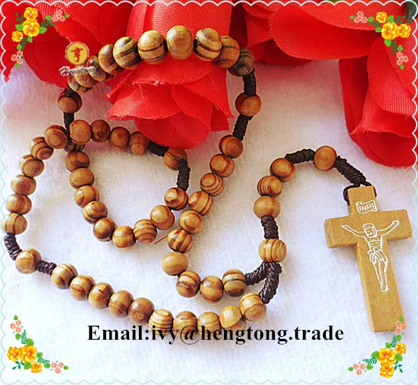 10pcs/pack wholesale cheap olive/pine wooden beads religious rosary, catholic rosary necklace with wooden cross