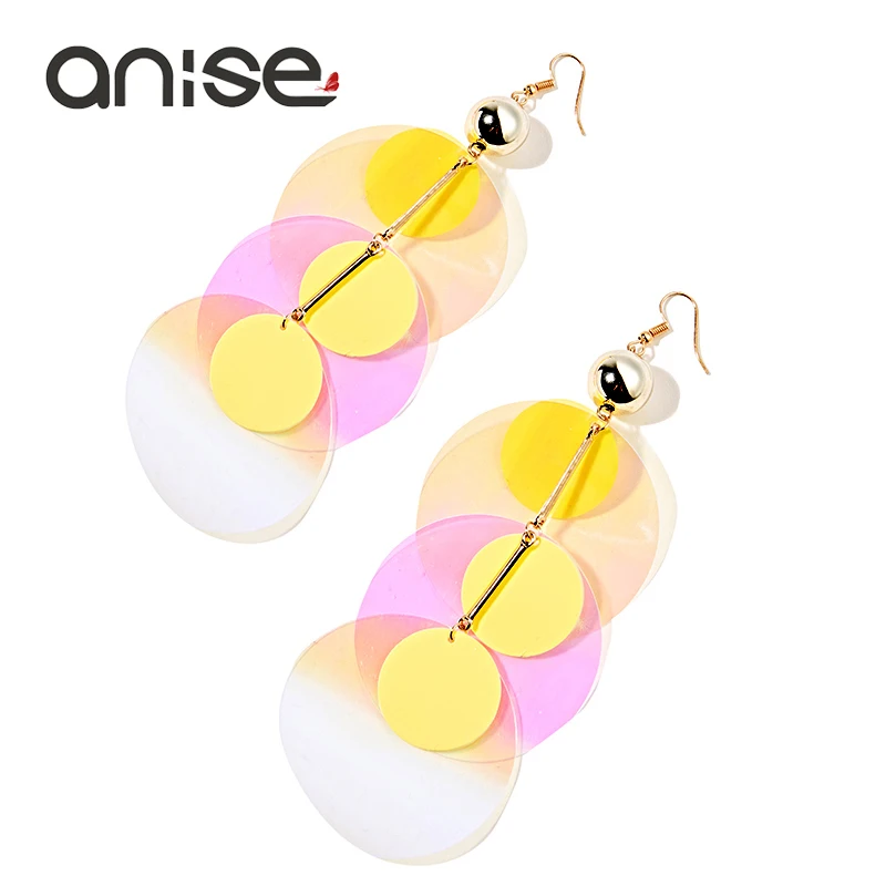 Anise Multicolor Plastic Sequins Big Round Drop Earrings Woman Punk Geometric Long Tassel Dangle Earring Party Statement Jewelry