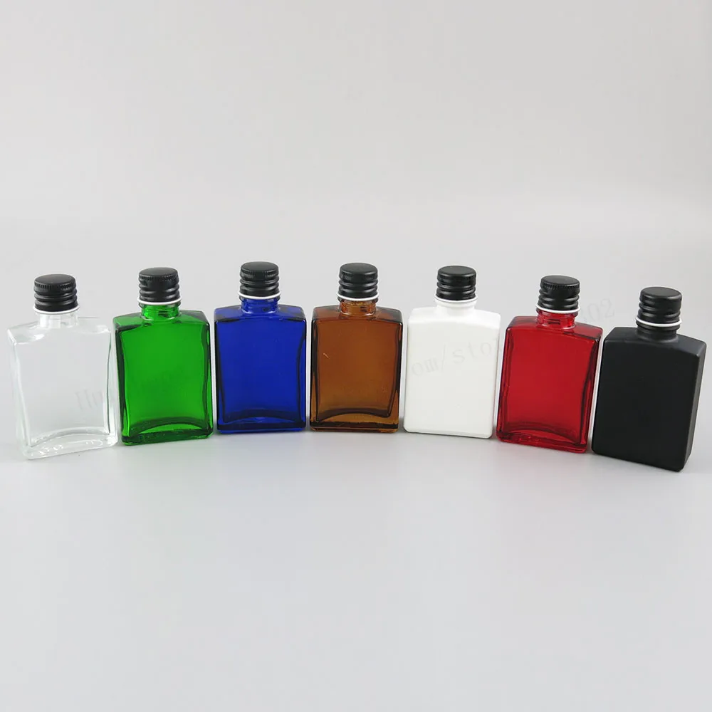 200  x 30ml 1oz Square Flat Black white clear red blue green Glass Bottle With Silver Black Aluminium lids and Seal