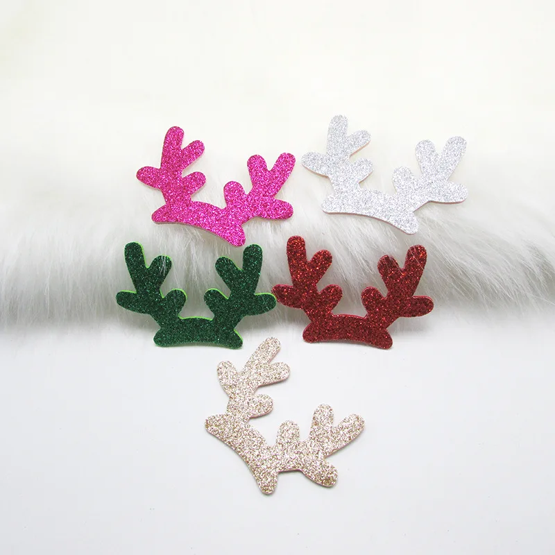 30pcs/lot 7.6*5.5cm Glitter Christmas antlers Padded Appliques For Craft Clothes Sewing Supplies DIY Hair Clip Accessories