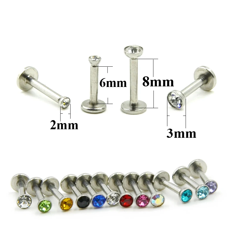 40 Pcs Internal Thread 16g Steel  Labret Monroe Stud Lip Tragus Cartilage Helix Stud Rings Earring Piercing With 2mm,3mm CZ Gem