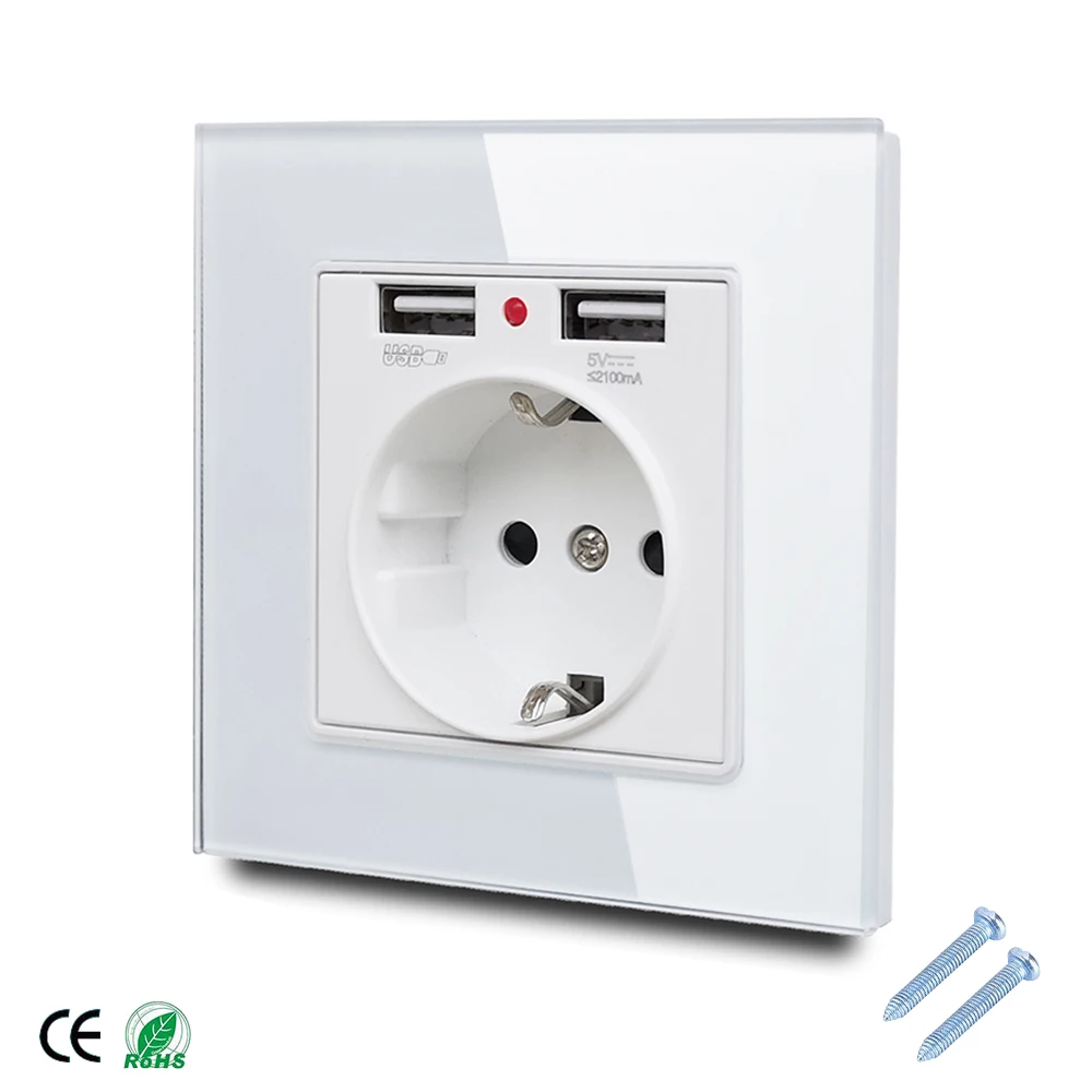 

86*86mm Glass Panel EU Wall Socket with 2.1A 2 USB Charging Ports, 16A 2100mA Electrical Wall Power Socket