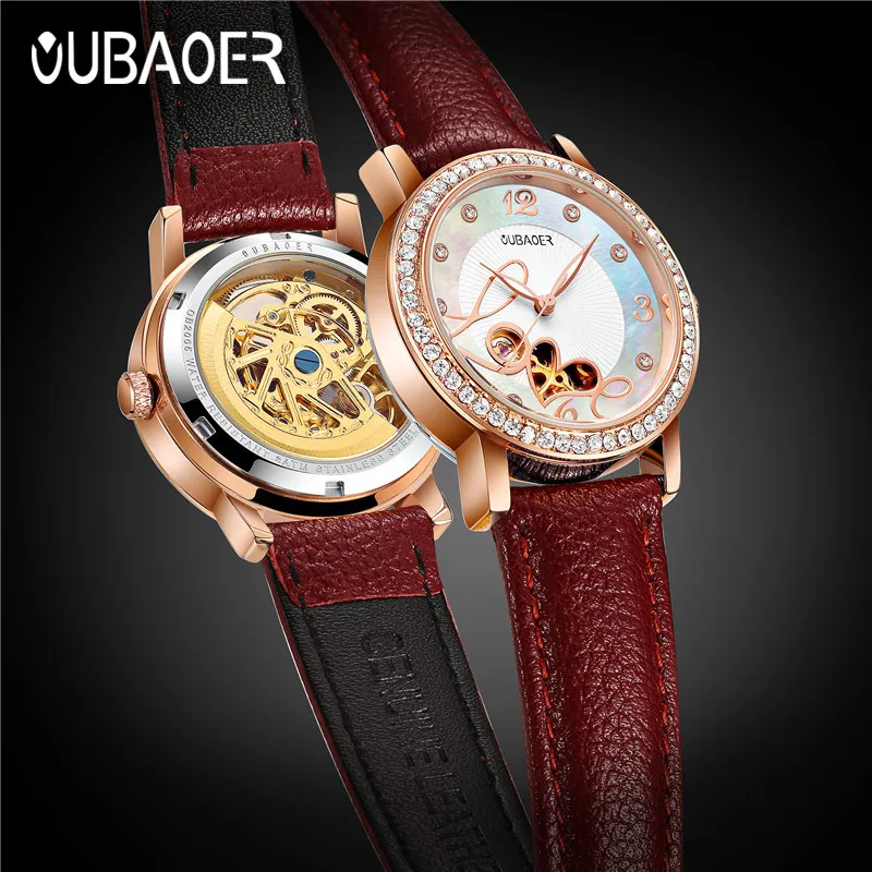 

OUBAOER Original Brand Women Mechanical watch Automatic Self-Winding Ladies watches Genuine Leather Fashion Clock Women Watches