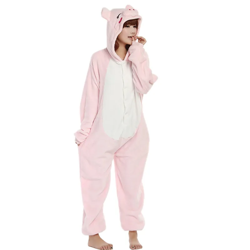 

Adult Flannel Cosplay Costume Animal Pink or Black Pig Anime Onesies Pajama For Halloween Carnival Masquerade Party