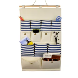 Cotton Linen 12 Pockets Closet Door Home Wall Hanging Organizer Storage Stuff Bags Pouch Navy Blue stripe style