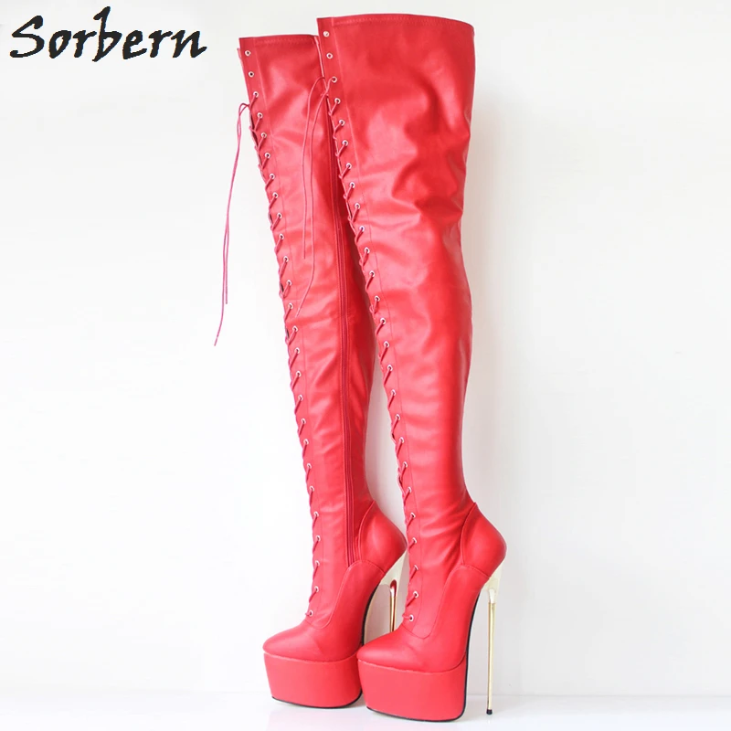 

Sorbern 2018 2018 New Fashion 22CM Ultra Gold Metal Stiletto Heels 6CM Platform Pointed Toe Woman Over Knee Crotch High Boots