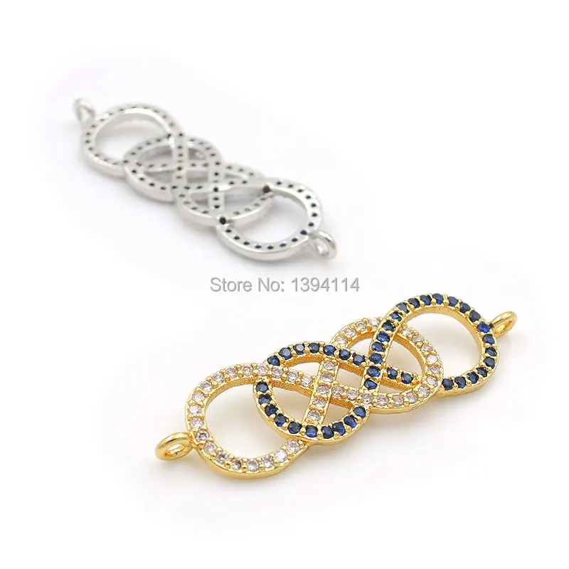 30*9*2mm Micro Pave Clear&Blue CZ Combination Connector Of 2 Infinity Symbols Fit For Women As DIY Bracelets Accessory