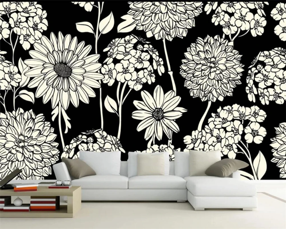 

Beibehang Custom wallpaper American pastoral TV background wall hydrangea home decoration black and white mural 3d wallpaper