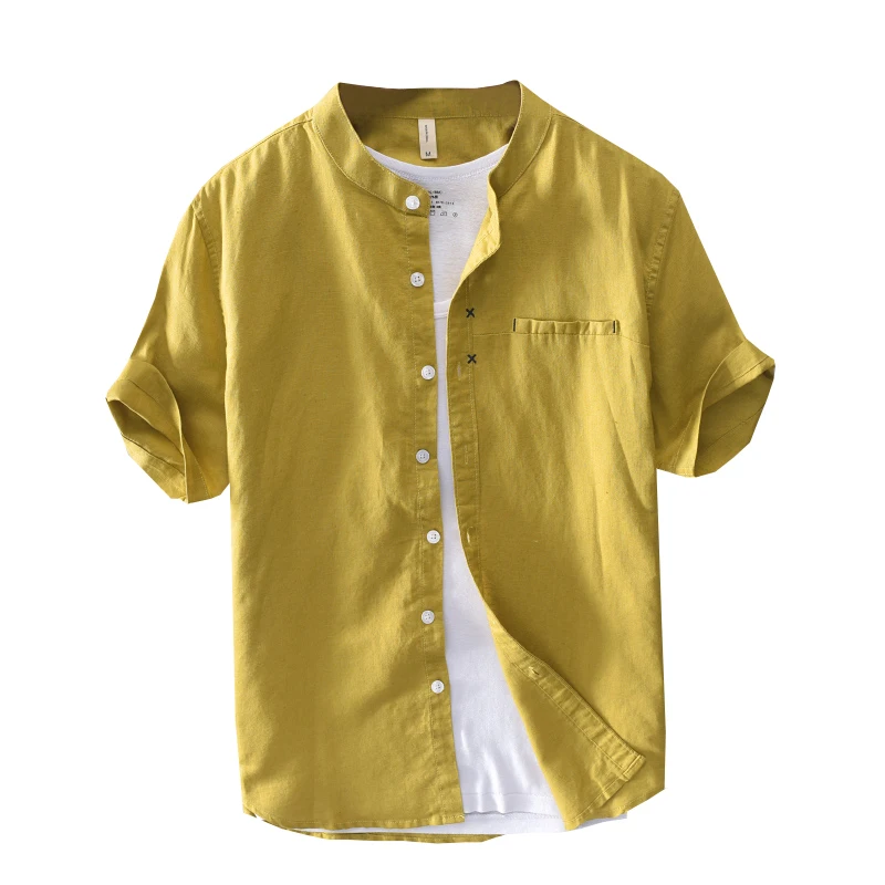 New arrival summer yellow shirt men short-sleeved linen shirts men brand casual shirt mens tops fashion shirts male chemise