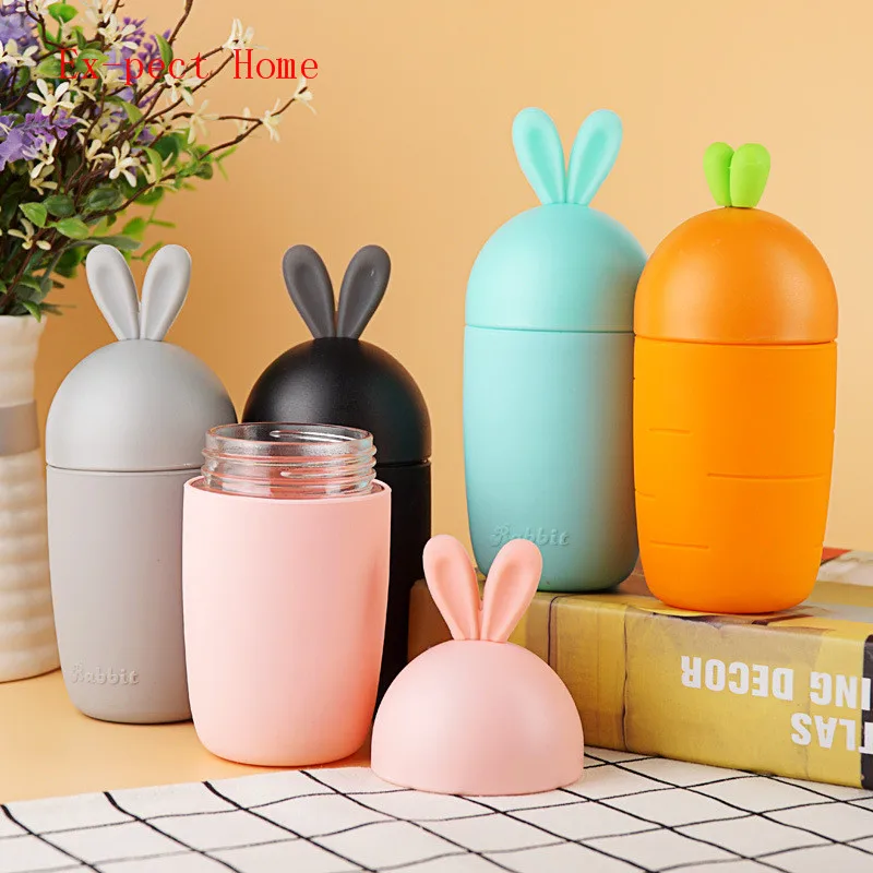 DUNFA Cartoon Rabbit Shape Glass Water Bottle Kids Cute Silicone Sleeve Children Leak-proof Drinking Tumbler