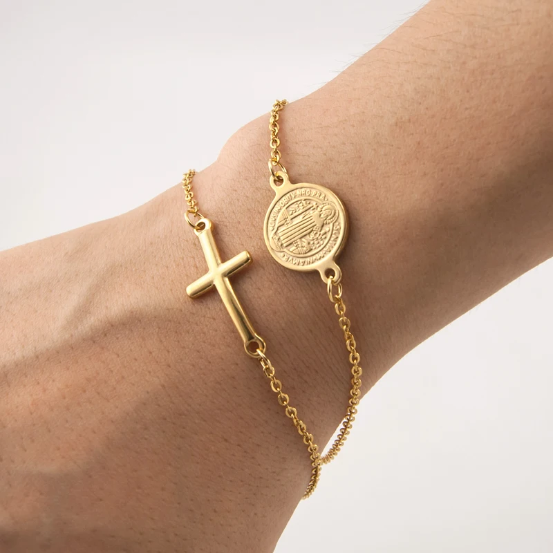 Simsimi double layers Saint Benedict and Cross charm golden Bracelet Women jewelry Rolo chain Stainless steel female bracelets