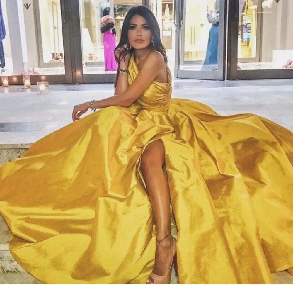 New Arrival Yellow One Shoulder Pleated Sleeveless High Slit Thigh Sweep Train Prom Dresses 2020