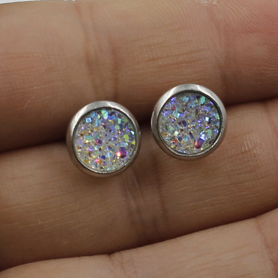 Fnixtar 8mm Stainless Steel Drusy Earrings Jewelry For Kid Girl Party Gift Mini Earring For Child 20 pairs/lot