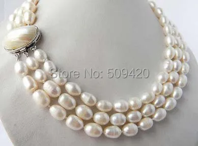 

Free Shipping 3Strands 18'' 8-10mm White Rice Freshwater Pearl Necklace