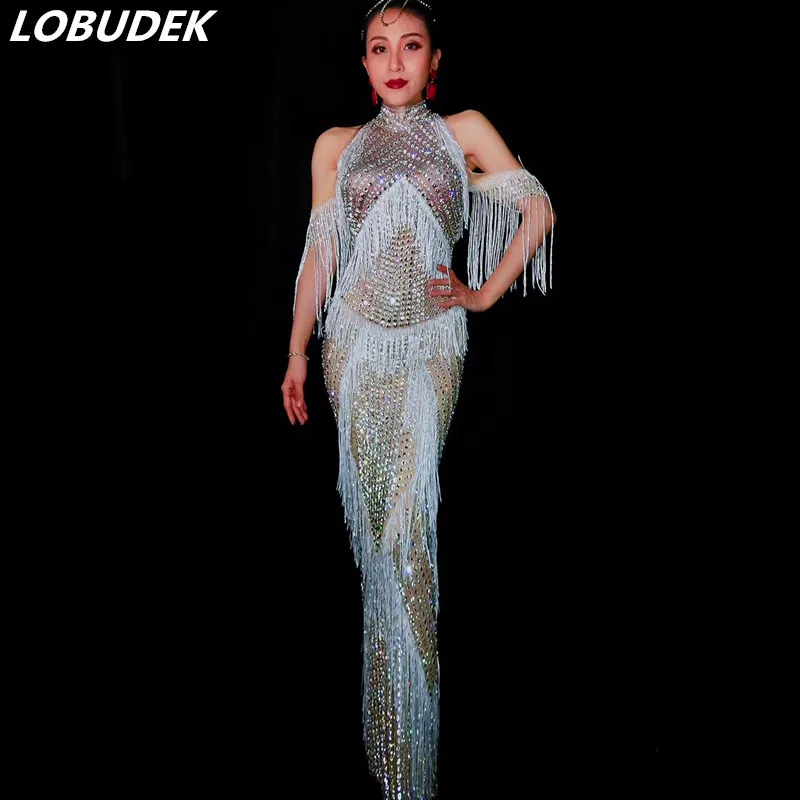 Robe longue à franges à épaules dénudées et strass, Sexy, luxueuse tenue de soirée, de bal, d'anniversaire, une pièce