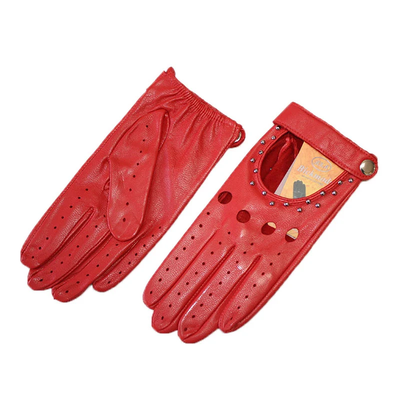 Goatskin Driving Driver Leather Gloves Women\'s Thin Outdoor Motorcycle Riding Fashion Hollow Rivet Spring Summer