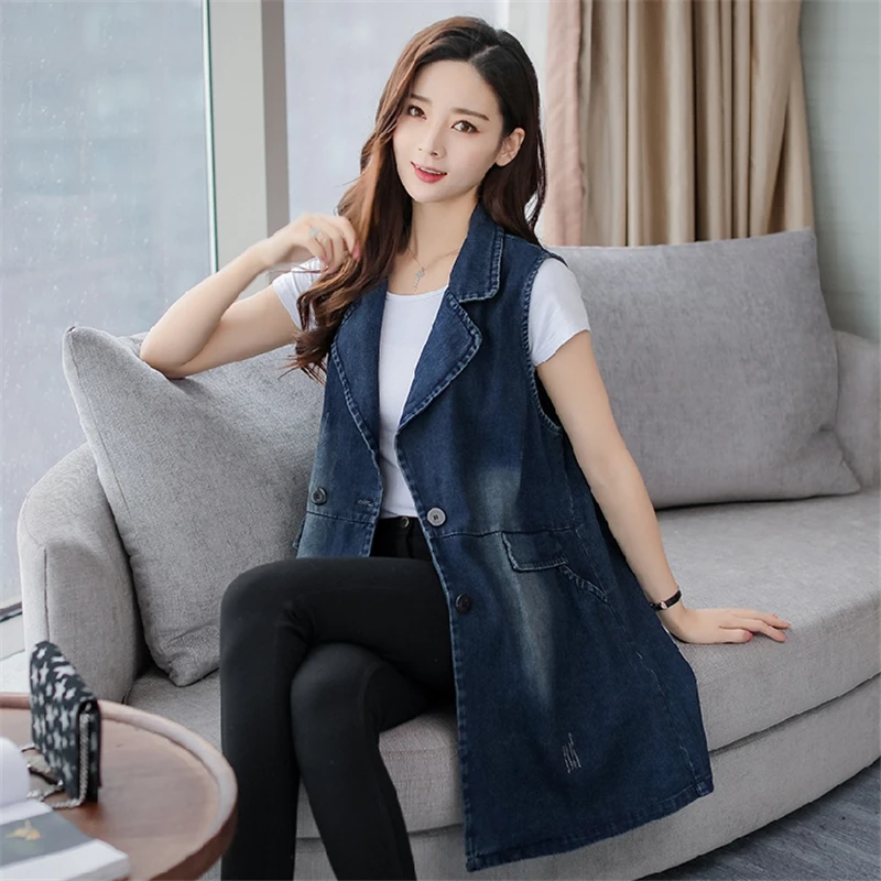 2023 Summer Large Size Loose Jeans Denim Coat Vest Women Long Slim Denim Waistcoat Female Sleeveless Jacket Coat Lady Denim Vest