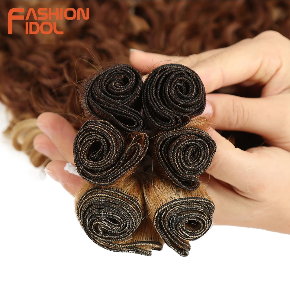 FASHION IDOL Synthetic Hair Extensions Afro Kinky Curly Hair Bundles Ombre Blonde 24-28inch 6 Pcs Heat Resistant For Black Women