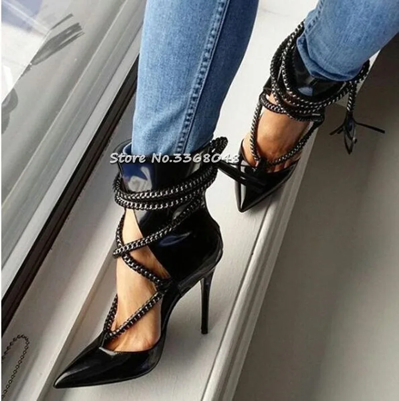 

New Fashion Women Black Patent Leather Ankle Boots Chains Fringed Zip Back Cuts Out Short Boots High Heels Cross-tied Booties